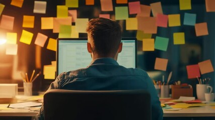 Aufkleber - Rear view of a software developer concentrating on his computer screen, surrounded by colorful sticky notes on a glass partition in his office, working late at night