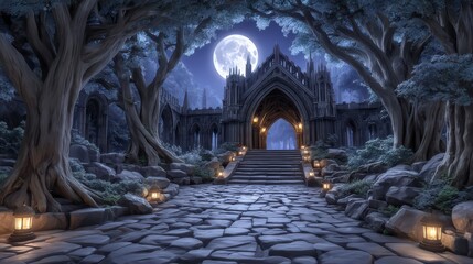 Wall Mural - Mystical Gothic Archway  Moonlit Forest Path  Fantasy Landscape  Night Scene
