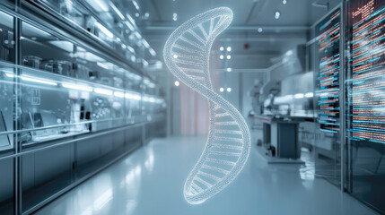 Poster - Futuristic laboratory with glowing digital DNA strand, advanced technology, scientific innovation, and modern research
