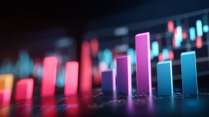 Poster - Colorful data visualization showcasing digital bar graphs on a dark background during a tech presentation