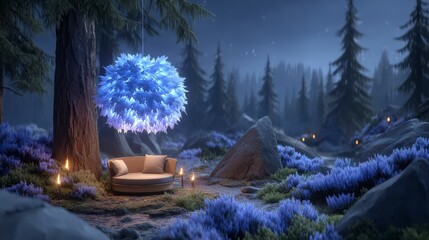 Wall Mural - Enchanting Forest Night Scene  Glowing Light Fixture  Secluded Seating  Lavender