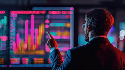 Aufkleber - Businessman data analysis technology finance digital screen graph. Confident businessman analyzing digital financial data