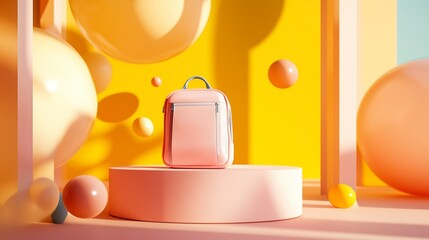 Poster - Bright and colorful backpack display with playful spheres in a vibrant setting