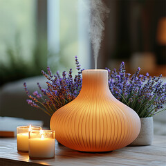 Poster - Aroma diffuser candle lavender wood steam relaxation home cozy. modern aroma diffuser emits steam beside candles and lavender