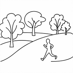 Poster - Running person in nature silhouette outlined by black lines on white background for exercise and lifestyle concept
