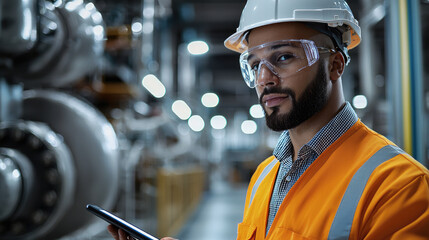 Aufkleber - Industrial worker wearing orange safety vest, white helmet, and safety glasses in factory, holding tablet
