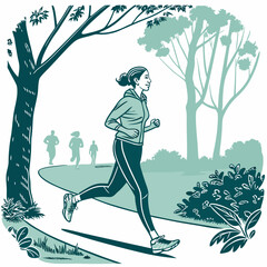 Poster - Woman running in park illustration depicting health fitness and wellbeing amidst nature with trees and other people in background