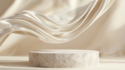 Aufkleber - Stone podium enhances elegance of satin fabric floating softly in a minimalist setting
