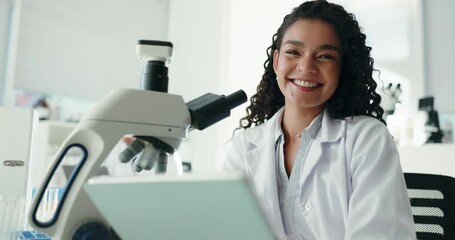 Poster - face, woman and scientist on tablet in lab for research, medical study and online results. portrait,
