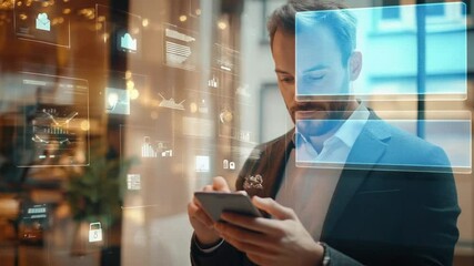 Poster - Businessman Interacting with Holographic Interface on Mobile Device for Data Analysis