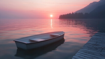 Aufkleber - Serene sunrise over calm lake with small boat, peaceful water, soft pink sky, tranquil mood, mountain view