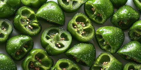Poster - Fresh green pepper halves with seeds and water droplets, vibrant and healthy vegetable background