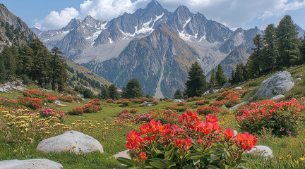 Aufkleber - Alpine mountain wildflower meadow forest rock summer landscape scenic view with vibrant colors