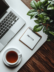 Poster - Laptop notebook coffee plant desk workspace wooden modern organized productivity