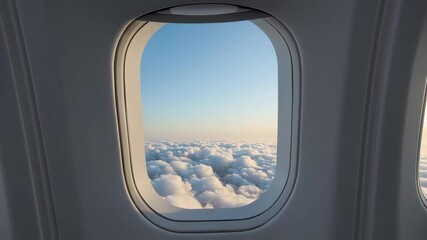 Poster - White fluffy clouds spreading beneath airplane window, revealing expansive sunset lit sky during peaceful aerial journey above cloud cover, showcasing breathtaking travel perspective