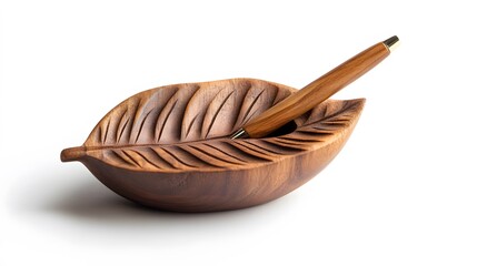 a wooden pen resting in a carved wooden leaf shaped bowl on a white background in a studio setting