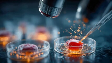 Poster - A pipette and microscope focus on a small synthetic meat sample glowing under laboratory lights in a petri dish