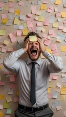 Aufkleber - Stressed businessman is screaming with a sticky note on his forehead, his hands on his head, while standing in front of a wall covered in colorful sticky notes
