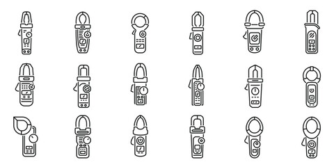 Poster - clamp meter icons set. clamp meters with different shapes and displays, measuring electricity