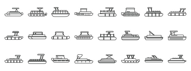 Poster - Pontoon boat icons set. Exploring various pontoon boat designs, showcasing diverse sizes and styles for recreational water activities
