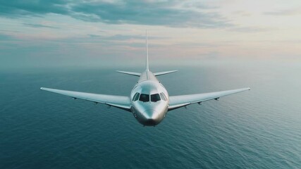 Poster - Silver passenger airplane soaring over expansive ocean waters, sunlight casting golden hues across dramatic cloudscape during breathtaking evening flight journey