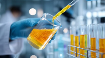 Poster - scientist conducting an experiment with yellow liquid in a laboratory setting during daytime hours