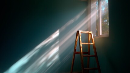 Poster - Light beams illuminate a wooden ladder in a serene room with pastel walls and a window