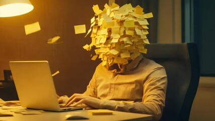 Poster - Stressed office worker covered with sticky notes working on a laptop at night, symbolizing busy schedule, overwhelming workload, and information overload