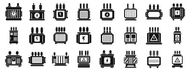 Poster - transformer energy icons set. different types of electric transformers converting voltage levels in 