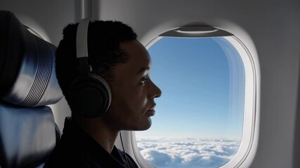 Aufkleber - Passenger wearing noise canceling headphones relaxing while gazing through airplane window, viewing serene cloudscape during tranquil flight above atmospheric landscape