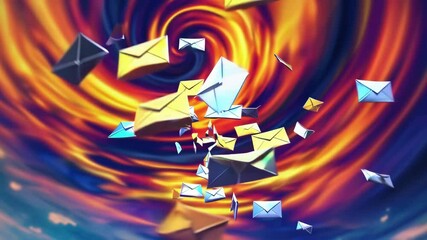 Animated vortex of flying mail envelopes spiraling into abstract digital tunnel, representing fast communication, email overload, and dynamic network messaging system