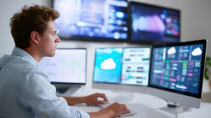 Poster - Young professional working diligently at multi-screen setup in a modern office environment during daytime