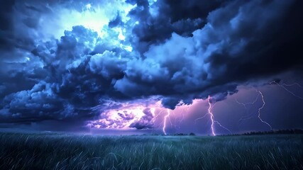 Wall Mural - a powerful thunderstorm with striking lightning illuminates a vast, dramatic sky at dusk.