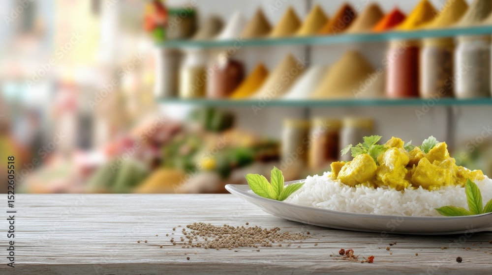 chicken curry with jasmine rice on modern plate, blurred Indian spice ...