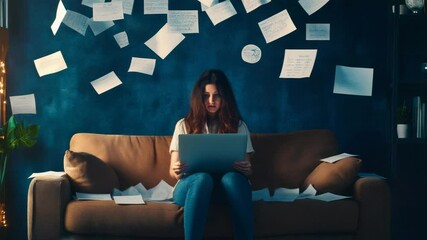 Aufkleber - Young woman working from home, sitting on a sofa while papers swirl around, creating a lively and chaotic atmosphere that reflects the demands of remote work and multitasking