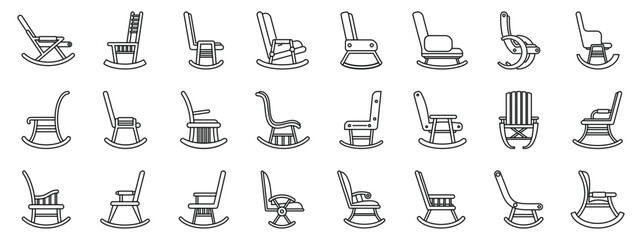 Poster - Rocking chair icons set. Different rocking chairs are illustrated in a minimalist outline style, suggesting relaxation, rest, and comfort