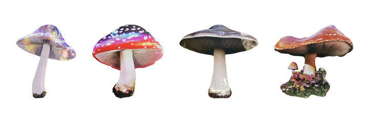 Poster - Colorful Mushroom Cut-Out Set. Vintage Nature Collage Elements Collection Isolated On Transparent Background
