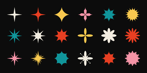 Poster - Brutalism shapes of blinks, stars and flower, set of retro stickers and geometric design elements. Vector abstract art, vintage figures and flat decorations.