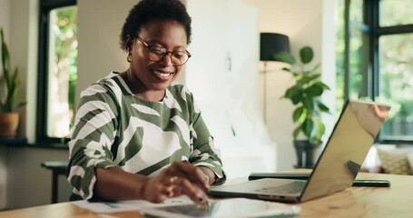 Aufkleber - Happy, entrepreneur and woman with glasses, tablet and browsing for financial success, tech or home. House, online and black person with laptop for asset management, graphs or return on investment