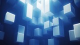 Abstract composition of interlocking cubes in shades of blue.