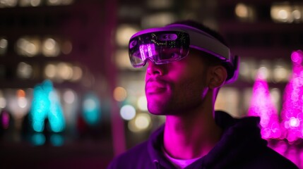 Poster - Man wearing futuristic glasses observing colorful lights at night in urban setting