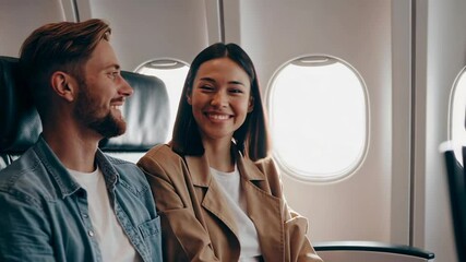 Aufkleber - Young couple sitting side by side in airplane cabin, sharing warm smiles and engaging conversation, radiating happiness during their shared air travel experience