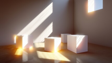 Poster - Soft sunlight filters through a window illuminating white cubes in a minimalist interior space