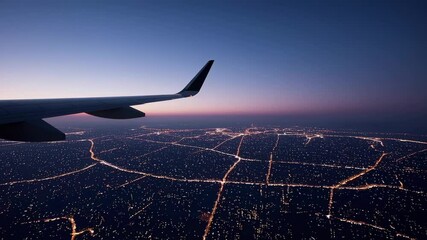 Poster - Airplane wing gliding above illuminated urban landscape during twilight, capturing sweeping cityscape with vibrant lights and expansive horizon from passenger perspective