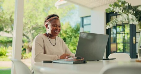 Poster - Laptop, freelancer and video call with black woman in home for virtual chat, webinar and wave. Communication, online meeting and remote work with person and earphones for entrepreneur and networking