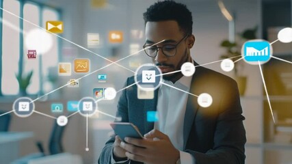 Poster - Connected businessman using phone with digital icons representing innovative application