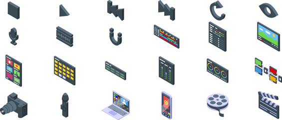 Poster - Video editor icons set. Isometric icons representing video editing software, post production process, multimedia content creation, and filmmaking equipment