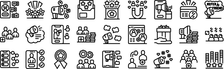 Refer friend icons set. Referral program empowering businesses to expand their reach by leveraging effective marketing strategies