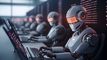 Poster - Futuristic robots working side by side at computers in a high-tech, digital environment, illustrating advanced artificial intelligence and automation.
