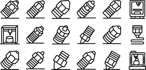Poster - 3d printer nozzle icons set. Various 3d printer extruder nozzles and 3d printers creating objects presented as simple black line icons